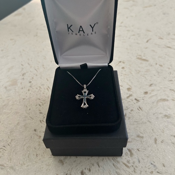 New with box Kay Jewelers Sterling Silver and blue diamonds Cross Necklace. - Picture 1 of 6